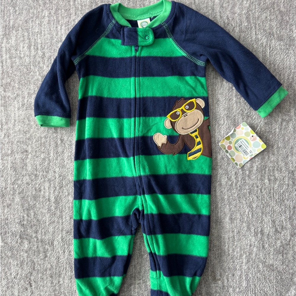 Little Me Navy and Green Striped Footie with Monkey